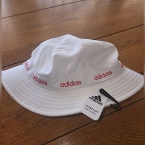 Adidas White Bucket Hat with Pink Adidas Logo, NWT